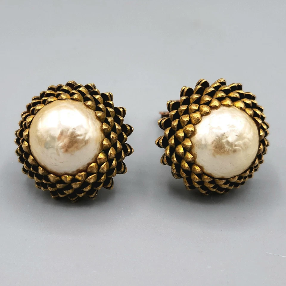 Miriam Haskell Signed Faux Baroque Pearl Acorn Gold Tone Button Clip Earrings - Image 3 of 4