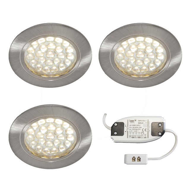 3 X Recessed Round LED Light Kit Kitchen Under Shelf Display