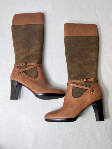 Lauren Ralph Lauren Two Toned Brown Knee Boots 8.5B Heels 3.5 - Picture 6 of 10