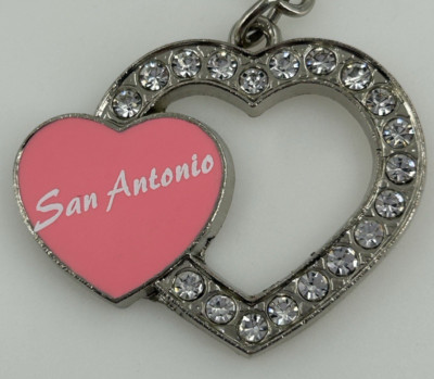 Sant Antonio Rhinestone Open Heart Pink Enamel Silver Tone Keychain Key Ring Fob