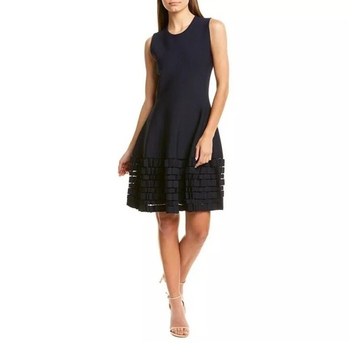 Lela Rose Accordion Lasercut Knit Viscose Fit and Flare Dress Navy Large $1595 - Picture 2 of 10