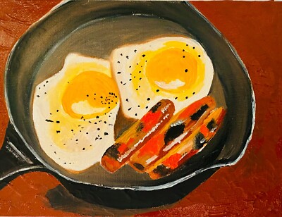 Food Painting Scrambled Eggs and Sausages Painting - Handcrafted Breakfast Food