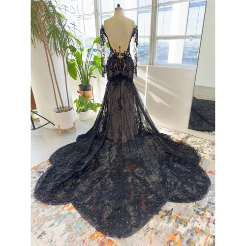 Gothic Mermaid Wedding Dresses Long Sleeves Black Lace With Train Bridal Gowns - Picture 3 of 8
