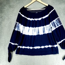 Chaps Denim Tie Dye 3/4 Length Sleeves Cotton Blend Womens S Blue Top