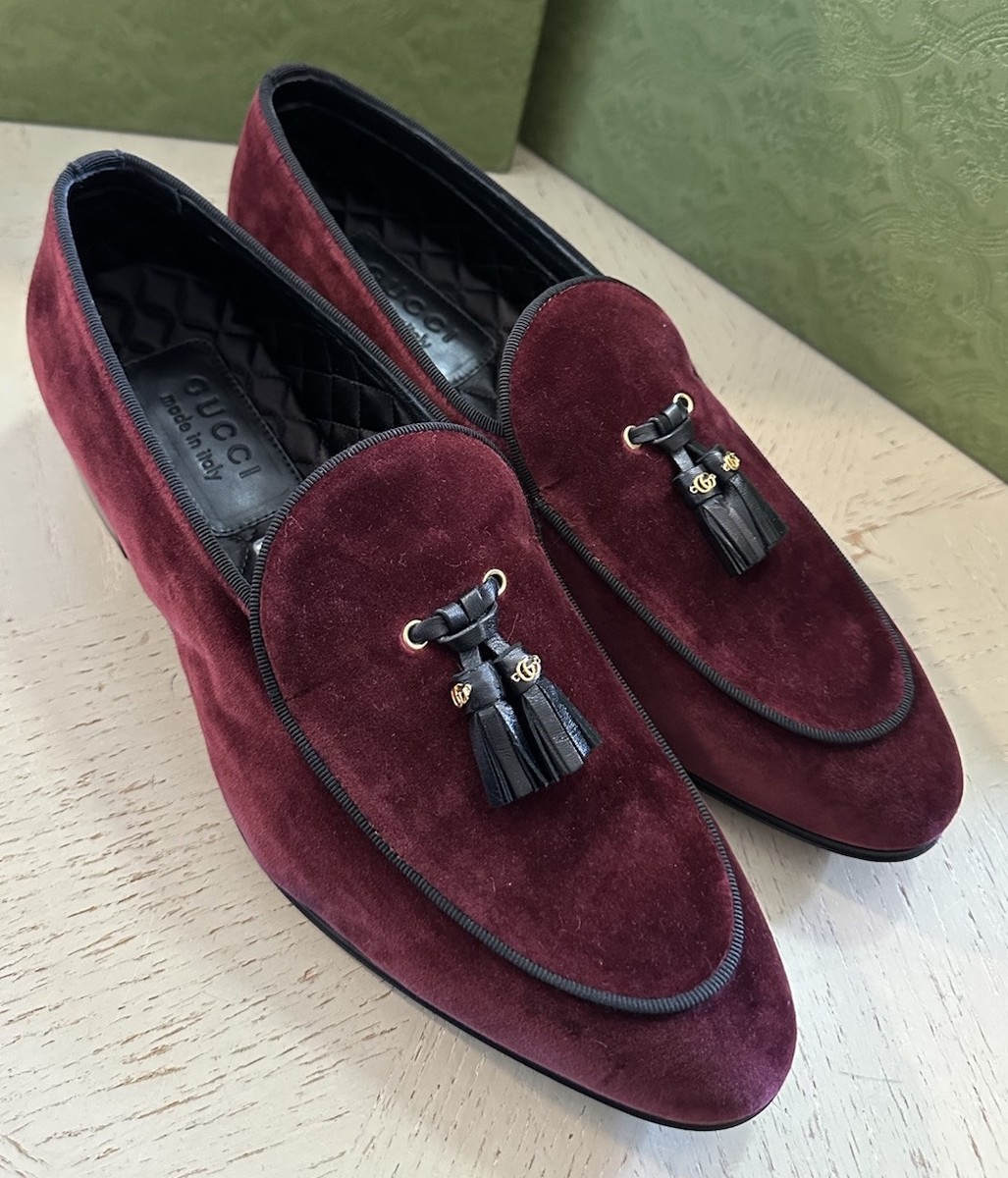 Gucci Men GG Logo Velvet Loafers Shoes Burgundy 10.5 US/9.5