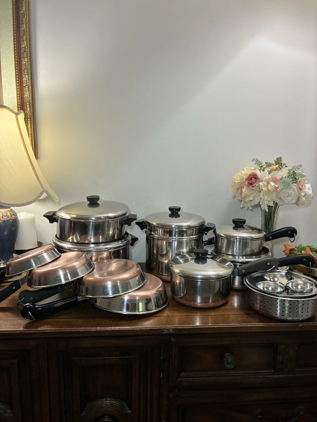 Vintage Revere Ware Copper Bottom 22 P Cookware Lot Pots Pans Skillets Lids USA