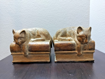 #ad Vintage Bronze Finish Cat on Books Bookends Heavy Decorative Pair $49.99
