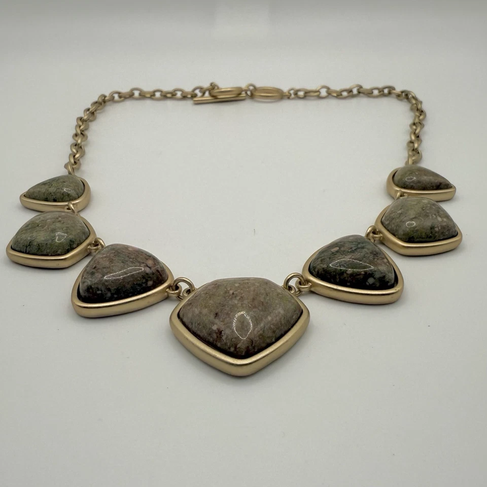 Natural Stone Necklace Brushed Gold Tone Unakite Jasper 15” - Image 2 of 4
