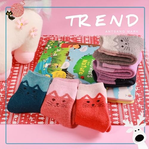  Kids Merino Wool Hiking Socks for Toddlers Boys Girls Warm 1-3T Cat (6 Pairs)