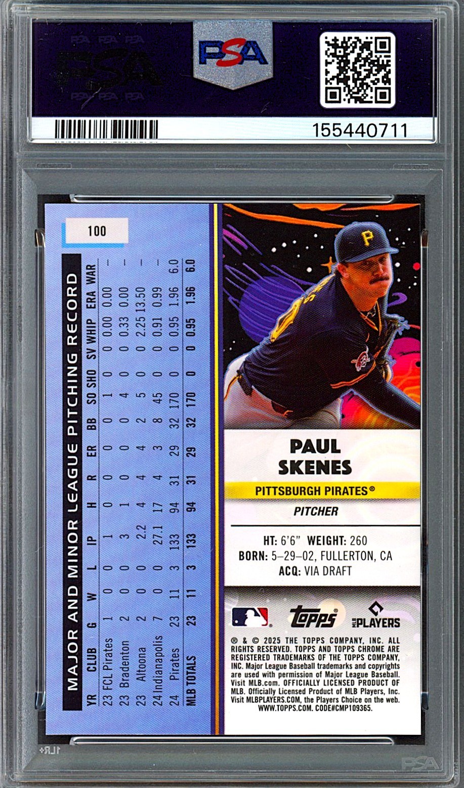 2025 Topps Cosmic Chrome Paul Skenes Gold Refractor Interstellar /50 #100 PSA 10 view 2