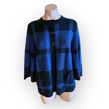 Designers Originals Women  s Large Blue/Black Plaid Acrylic Cardigan Sweater