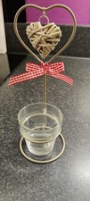 Wicker love heart Metal And Glass Candle Holder With A  Red And White Bow