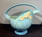 Vtg Roseville Pottery Wincraft Basket 1940's 208-8 Art Nouveau Turquoise