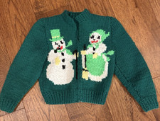 Vtg 70s Handmade UGLY Christmas Sweater Youth Childs 2T Mr  Mrs Snowman Zip Up