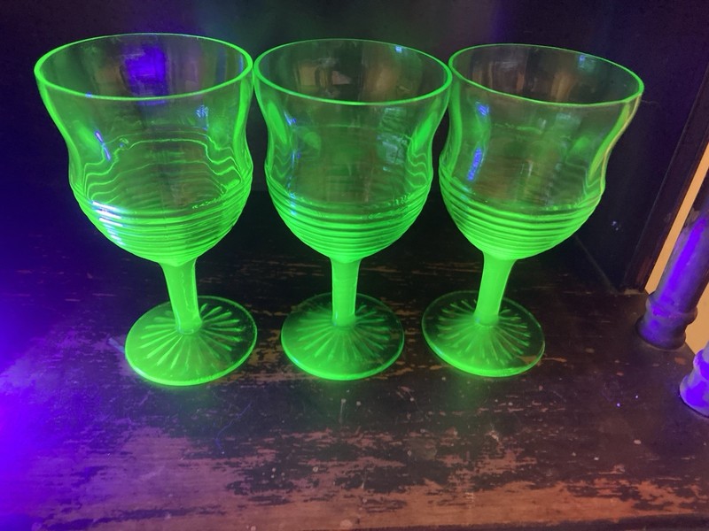 3 Vtg Green Uranium Vaseline Stemware Glass Optic Ribbed~Rare Star Foot~Glows