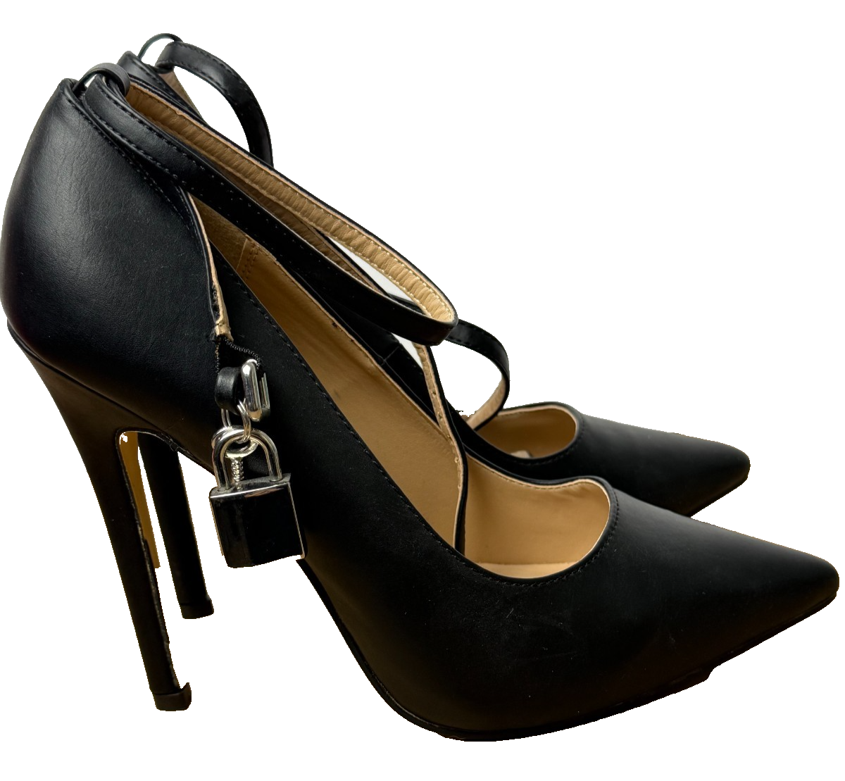 JustFab Jaslene Stiletto Lock Heels 8 New Black Pointed Toe Ankle Strap Shoes