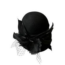Something Special Black Wool Felt Cloche Hat Feather Veil Vintage Style Women