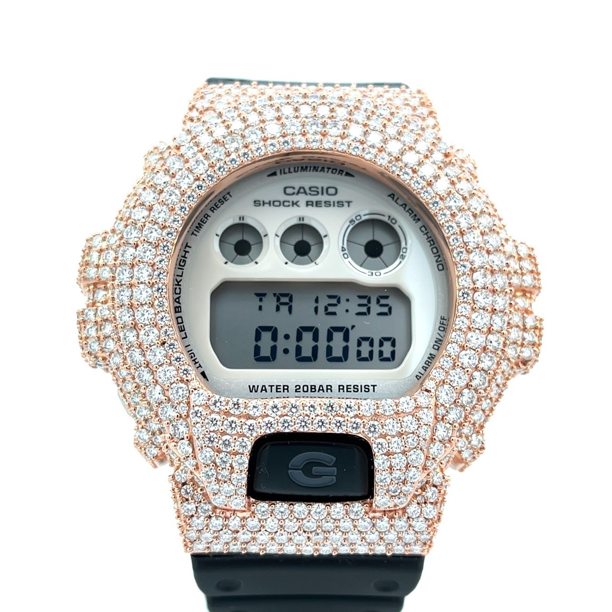 G-SHOCK DW-6900デジタル腕時計 イルミネーター ダイヤモンド風 Casio G-Shock Black DW 6900 6 CT White Gold Alloy Iced Out Diamond