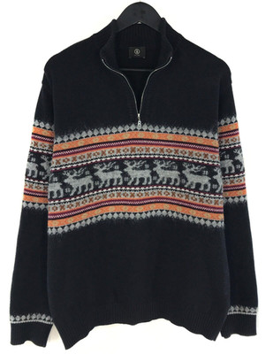 Men's Bogner Fair Isle Wool Zip Neck Jumper Knit Black Pullover Size 50 US 40