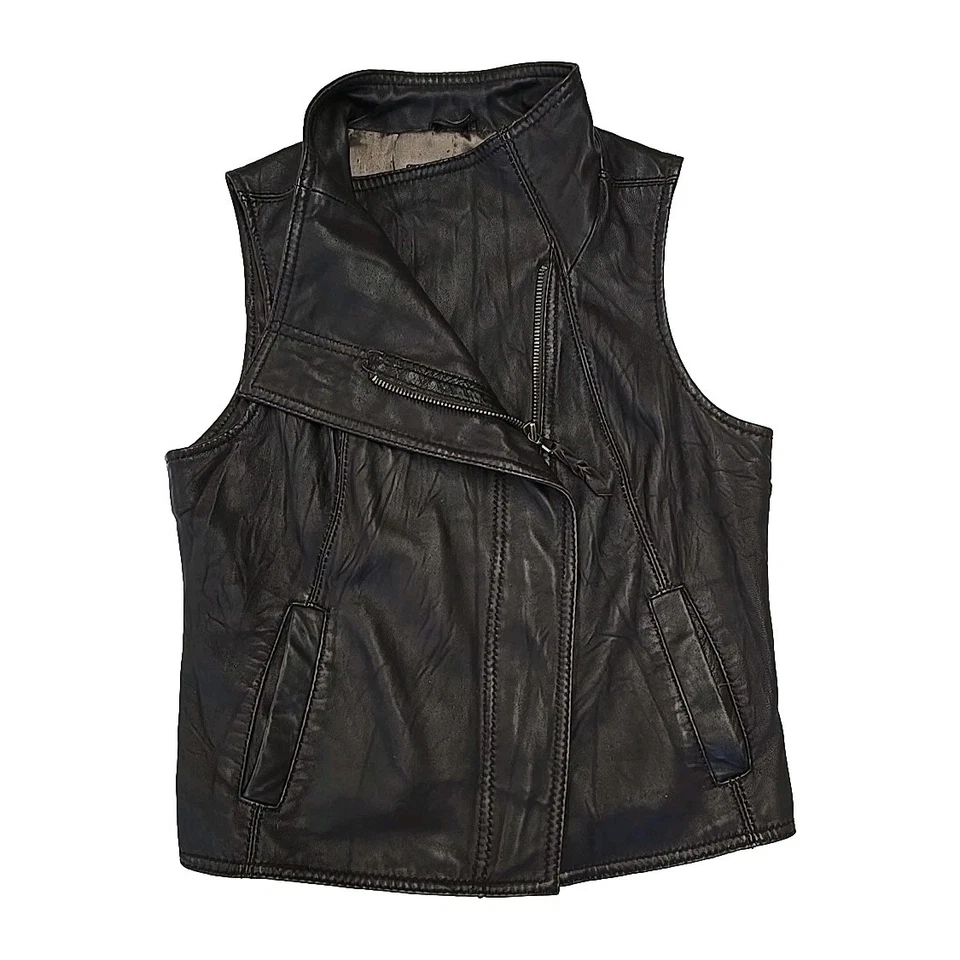 JUNIO Mujer Motociclista Chaqueta Chaleco Cuero Genuino Marrón Talla M Moto Anthropologie  Foto 2 de 4