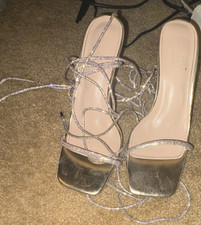 Women's Strappy Lace-Up Square Toe Faux Leather Heels Gold/Silver 9.5
