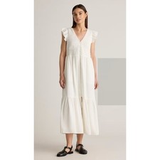Quince Dress Womens S Ivory Smocked Button Front Midi Ruffle Cap organic V-neck