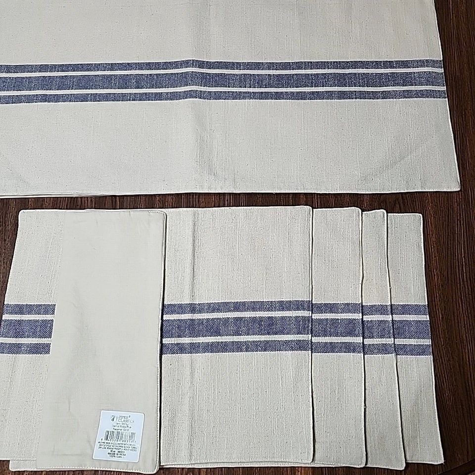 Unbranded Table Runner- 4 Placemats-Cotton-Blue Stripes Farmhouse Boho Cottage - Image 2 of 3