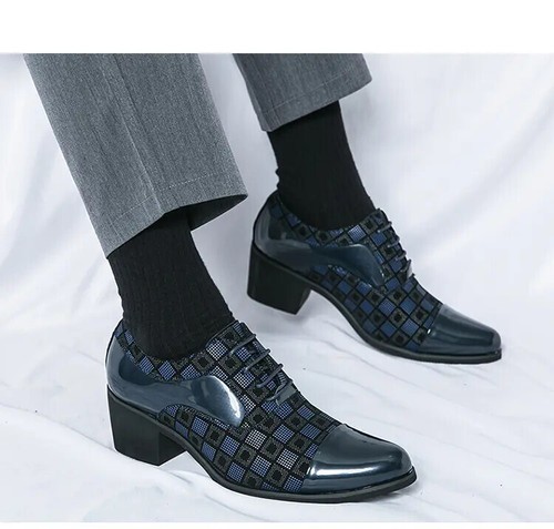 Men's Pointed Toe Lace Up Evening Party 6CM Cuban Heels Formal Dress Derby Shoes - Picture 17 of 26