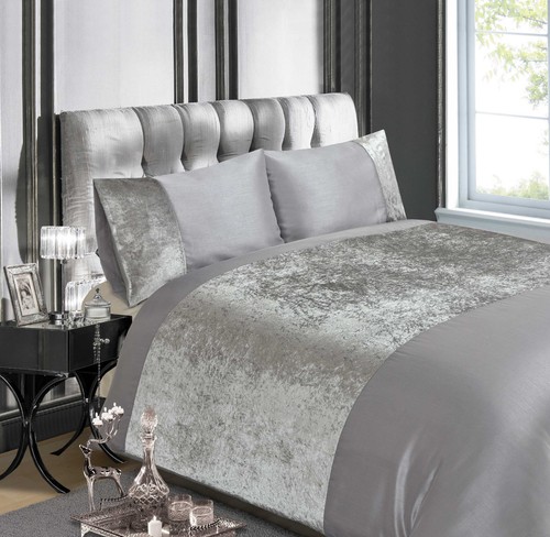Luxury Crushed Velvet Silver Grey or Champagne Duvet Quilt Cover Bedding Sets - 第 3/9 張圖片