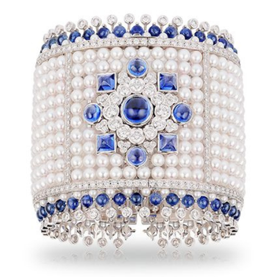 Lab Ceylon Sapphire Freshwater Pearl Cuff Bracelet 925 SS