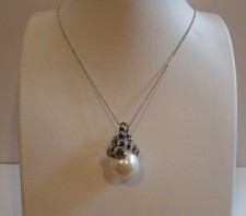 STERLING SILVER SNAKE NECKLACE PENDANT 15MM WHITE PEARL LAB CREATED DIAMOND