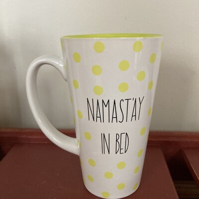 Humorous Yoga 16 Oz Coffee Tea Mug White w/Lime Green Polka Dots Namastay In Bed