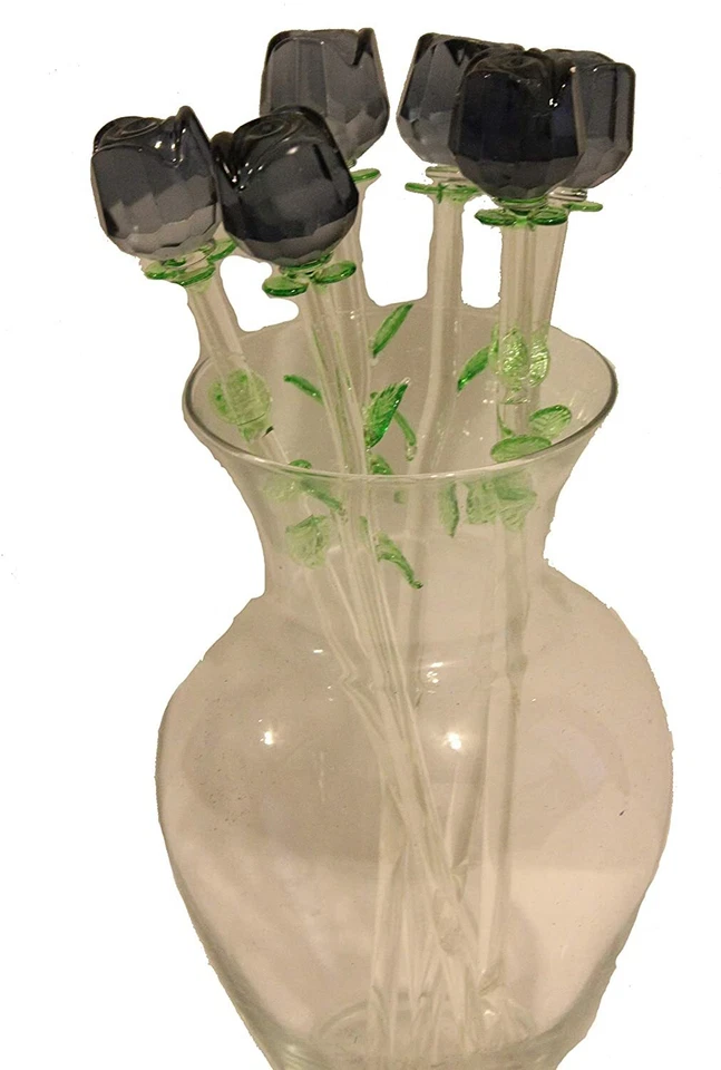 6朵黑色花朵,花束6朵玻璃玫瑰带绿叶,花瓶不包括在内!  — 第 3/3 张图片