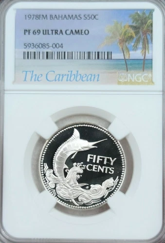 1978 BAHAMAS SILVER 50 CENTS BLUE MARLIN NGC PF 69 ULTRA CAMEO SCARCE HIGH GRADE