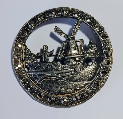 Vintage Round Open Silver Marcasite Brooch w/ Windmill Scene