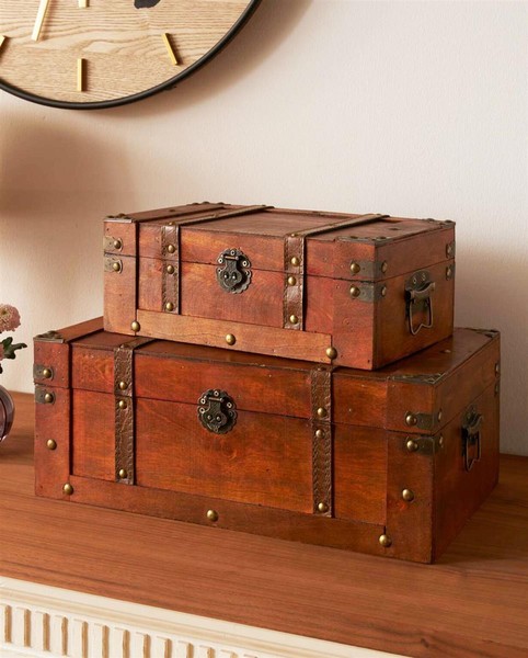 "Holz Aufbewahrungs Truhe Mit Deckel \"Kolonialstil\" Braun Im 2Er Set, Kiste Box"-image