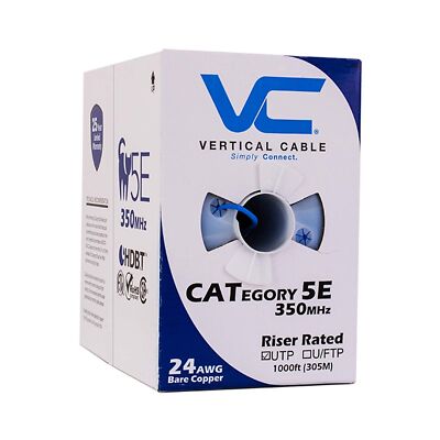 Vertical Cable Cat5e, 350 MHz, UTP, 24AWG, 8C Solid Bare Copper, 1000ft, Blue...