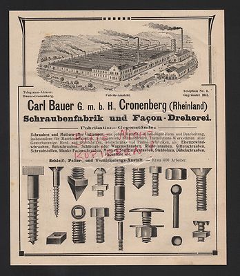 Cronenberg, Advertising 1909, Carl Bauer GmbH Screw Factory Facon Turning Shop