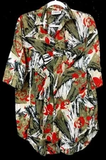 California Connection Inc. 1X shirt top green red abstract buttoned short sleeve