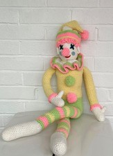 Rare Vintage Clown Handmade Crocheted Yarn Doll Yellow Pink Mint Green 27 Inches