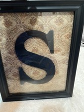 Framed Letter S Wall Decor Plaque, Damask Pattern, Black/Beige Wood Glass