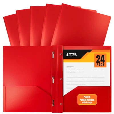 Red Plastic Folders With Pockets And Prongs 3 Metal Fastener Clips 24 Pack - Image 1 of 4