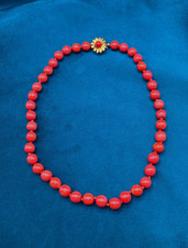 Vintage Glass Beaded Necklace Red Hand Knotted Decorative Clasp 15"