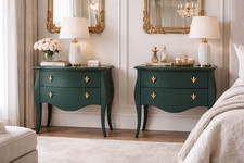 Dark Green French Commodes Pair Cactus Knob Vintage Style Wooden Chest of Drawer