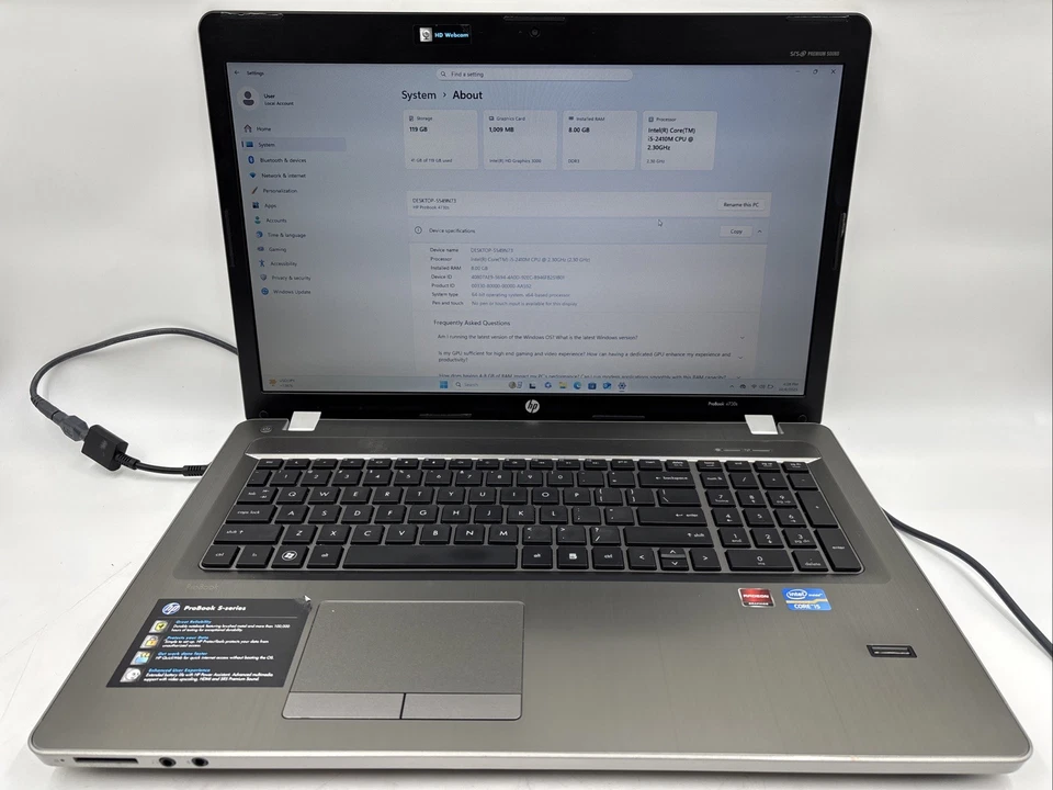 PORTÁTIL HP PROBOOK 4730s i5 2410m 2.3GHz 8GB 120GB SSD Windows 11 Pro Foto 2 de 4