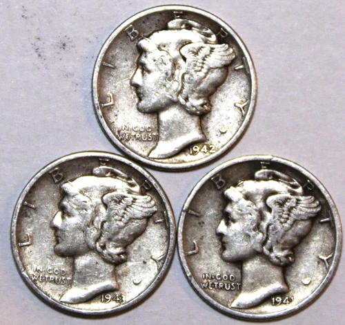 (3) Mercury Dimes - VF/XF - 1941D 1942 1943P - #1417ED FREE SHIPPING