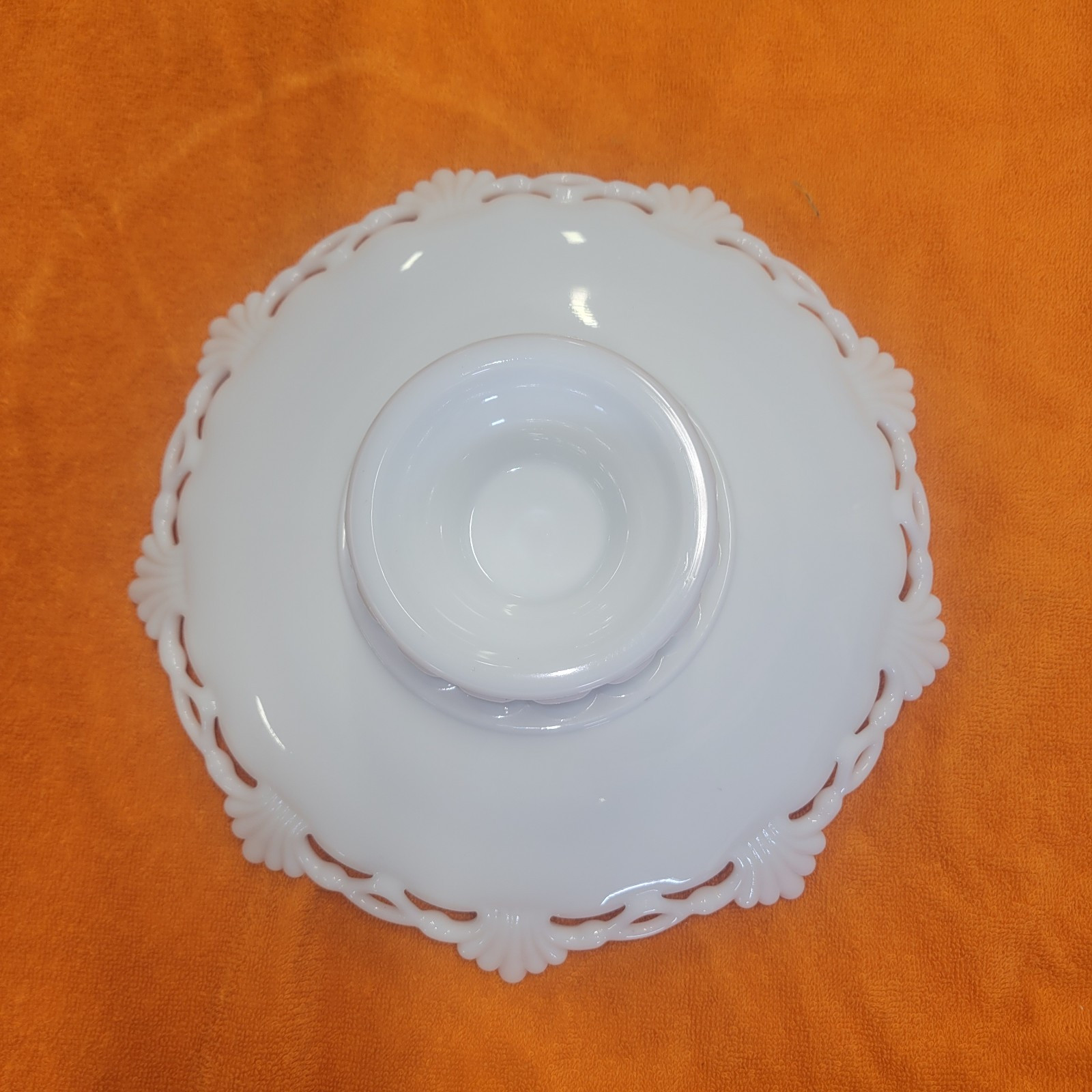 Vintage White Milk Glass Fruit / Cake Dish with pedestal, decorative edge, 10.5"
