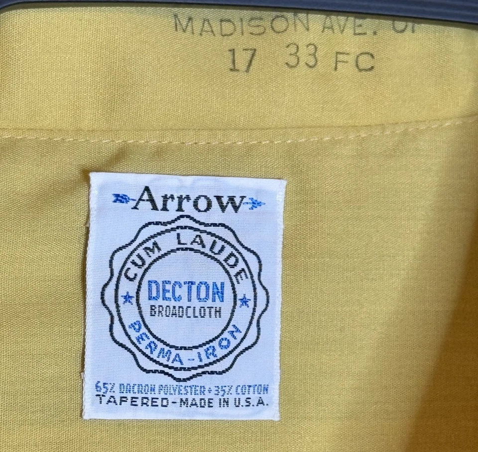 VTG Arrow Shirt Mens 17 33 Yellow Dacron Polyester Cotton Decton Oxford OCBD USA - Image 4 of 4