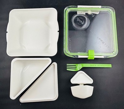 BLACK BLUM BOX APPETIT LONDON LIME GREEN 8x8x2.5 DIVIDED LUNCH BOX + FORK
