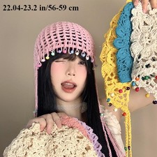 Bohemian Tassel Knitted Cap Ethnic Hollow Crocheted Beanie Cap Muliticolor Beads